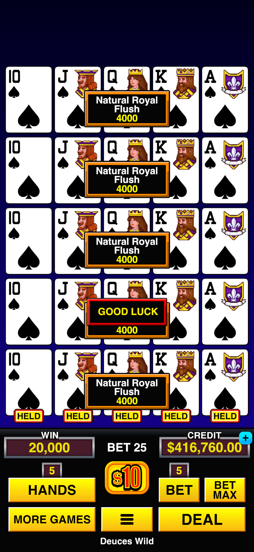 Multi Millionaire Video Poker™ mobile casino game - gameplay screenshot 1 showing in-app interface