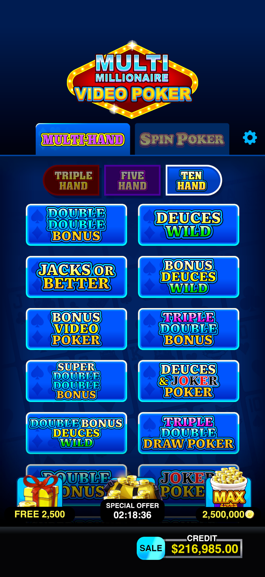 Multi Millionaire Video Poker™ mobile casino game - gameplay screenshot 2 showing in-app interface