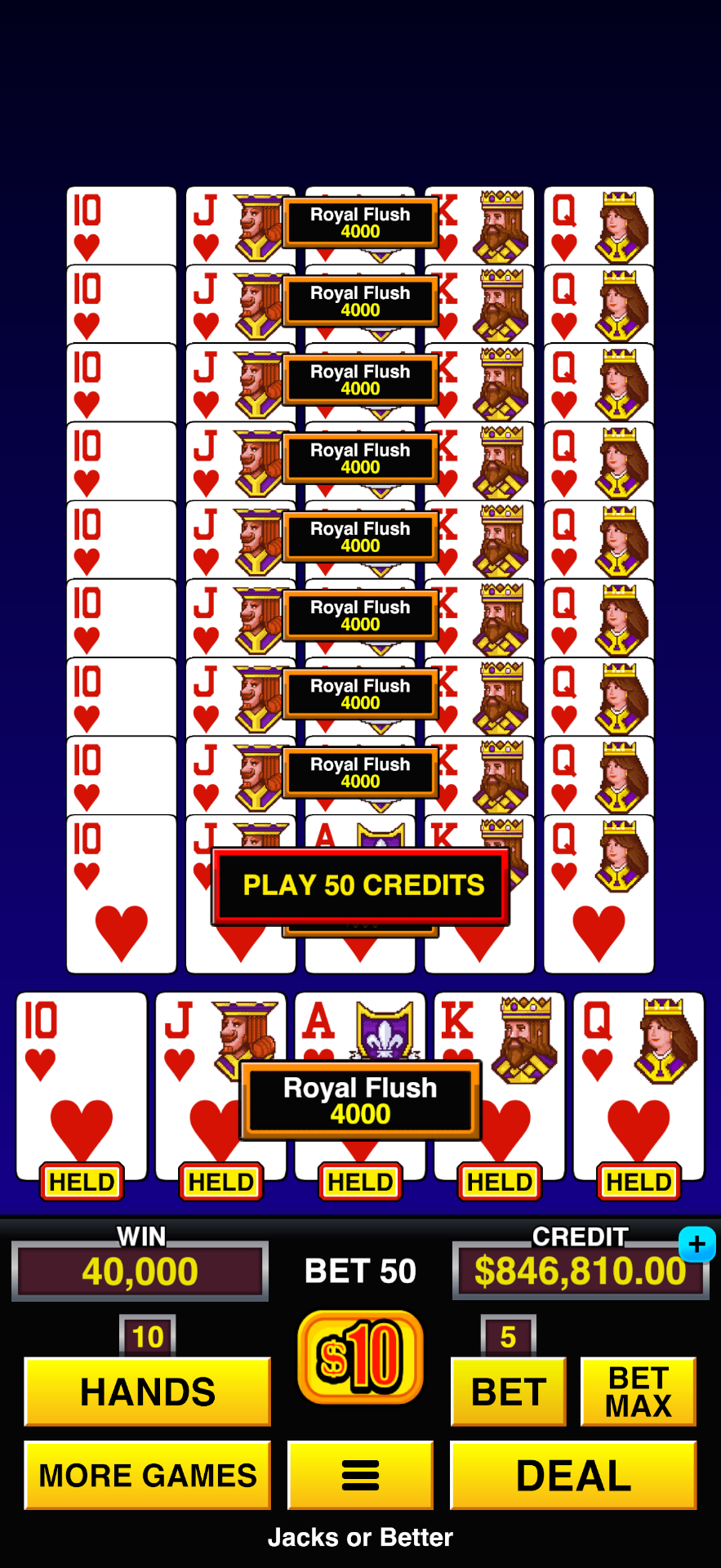 Multi Millionaire Video Poker™ mobile casino game - gameplay screenshot 3 showing in-app interface