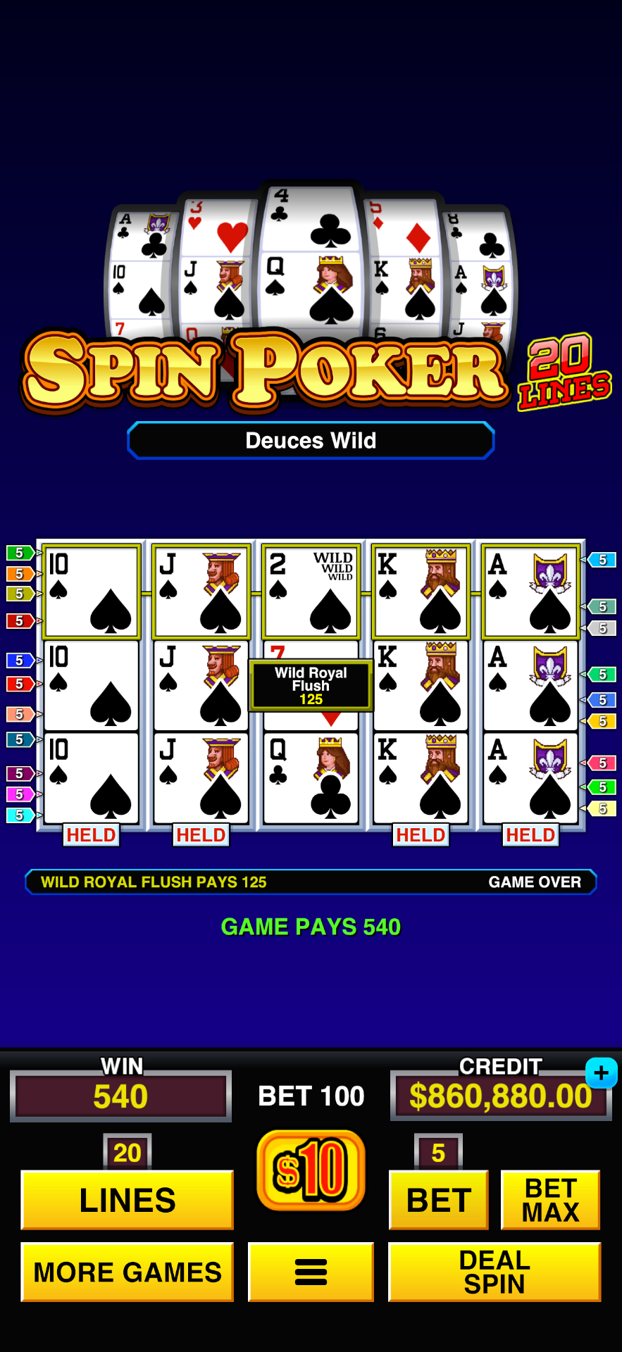 Multi Millionaire Video Poker™ mobile casino game - gameplay screenshot 4 showing in-app interface