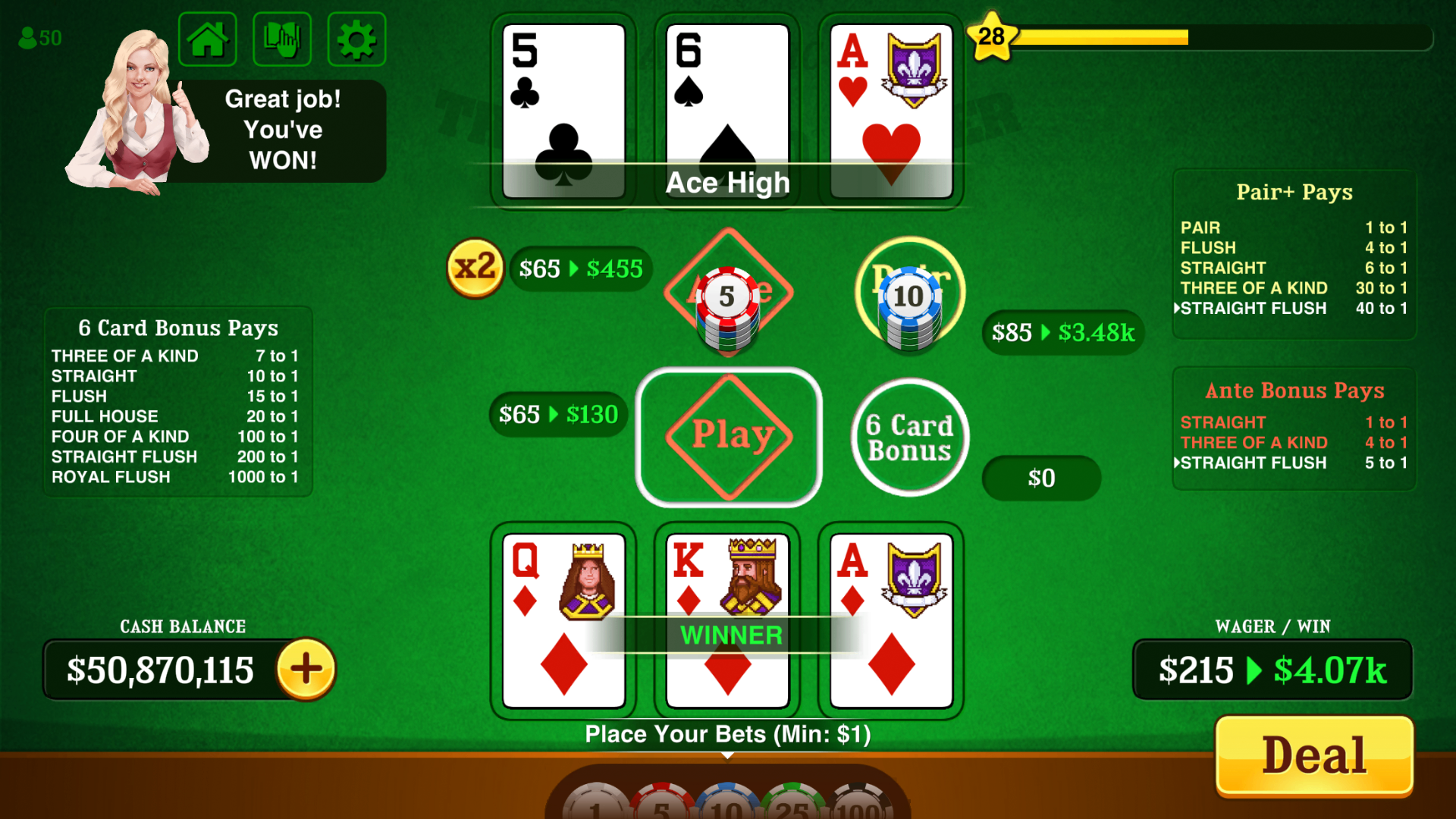 Triple Card Poker™ mobile casino game - gameplay screenshot 1 showing in-app interface