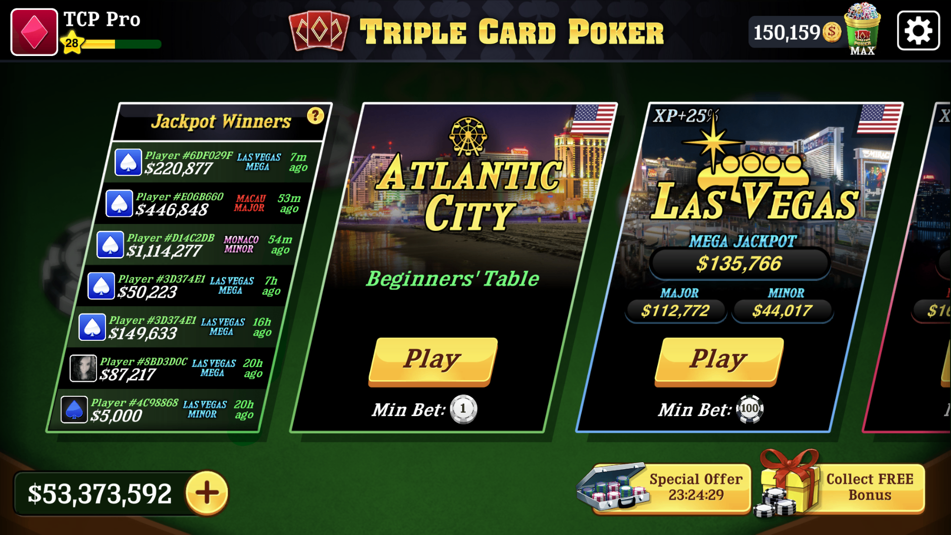 Triple Card Poker™ mobile casino game - gameplay screenshot 2 showing in-app interface