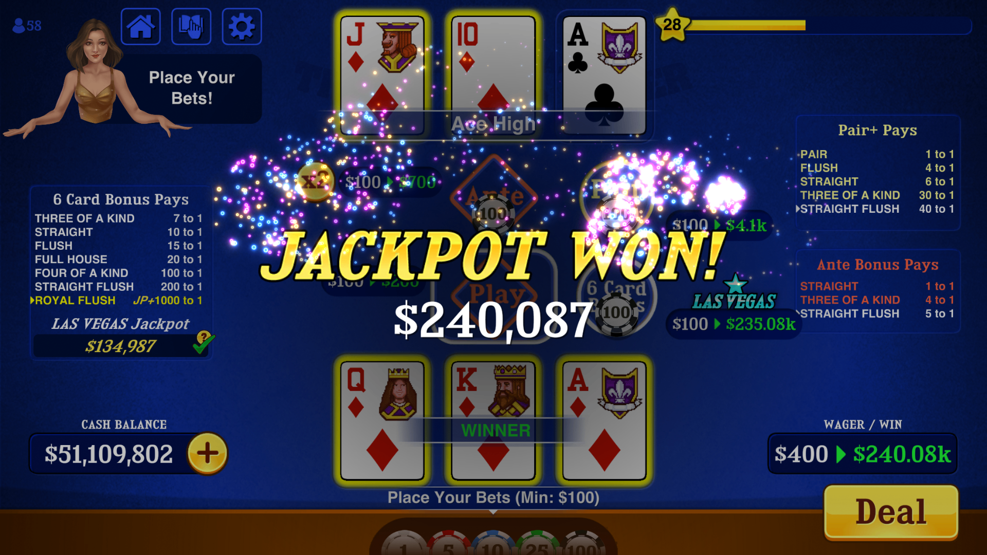 Triple Card Poker™ mobile casino game - gameplay screenshot 3 showing in-app interface