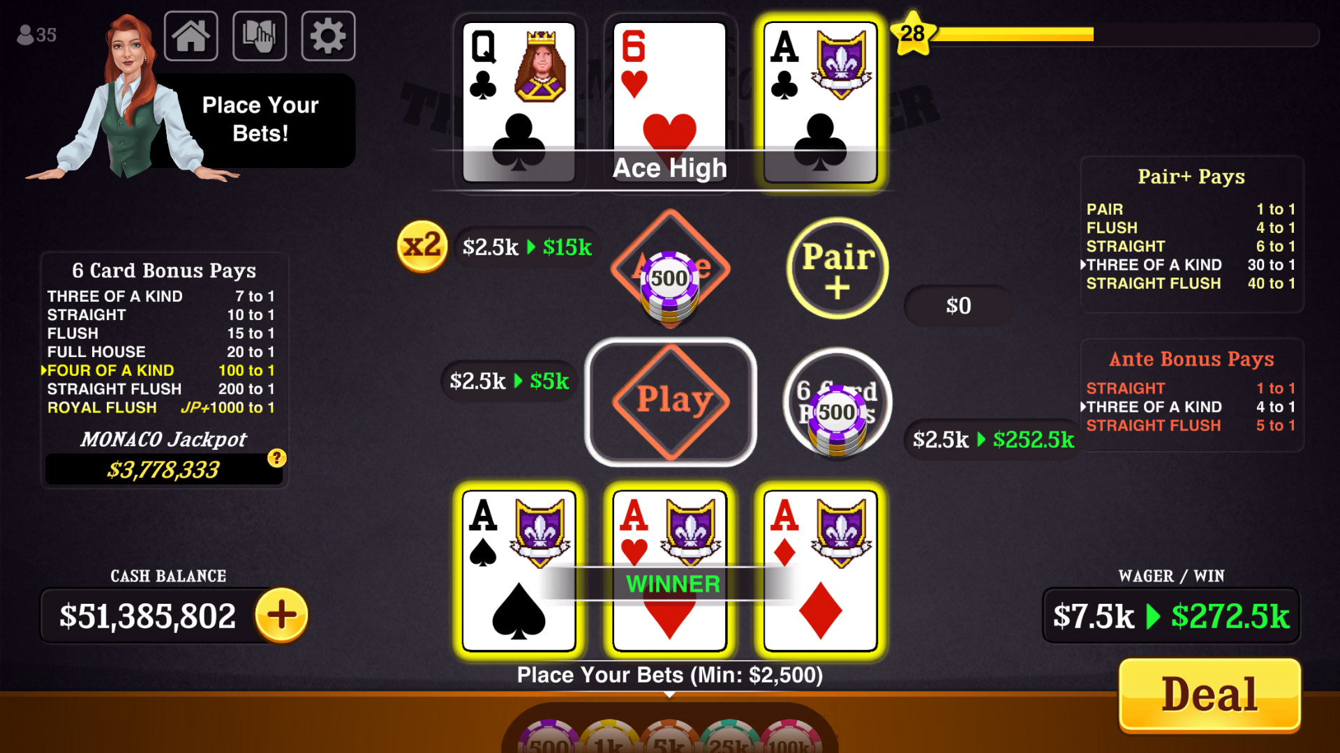 Triple Card Poker™ mobile casino game - gameplay screenshot 5 showing in-app interface