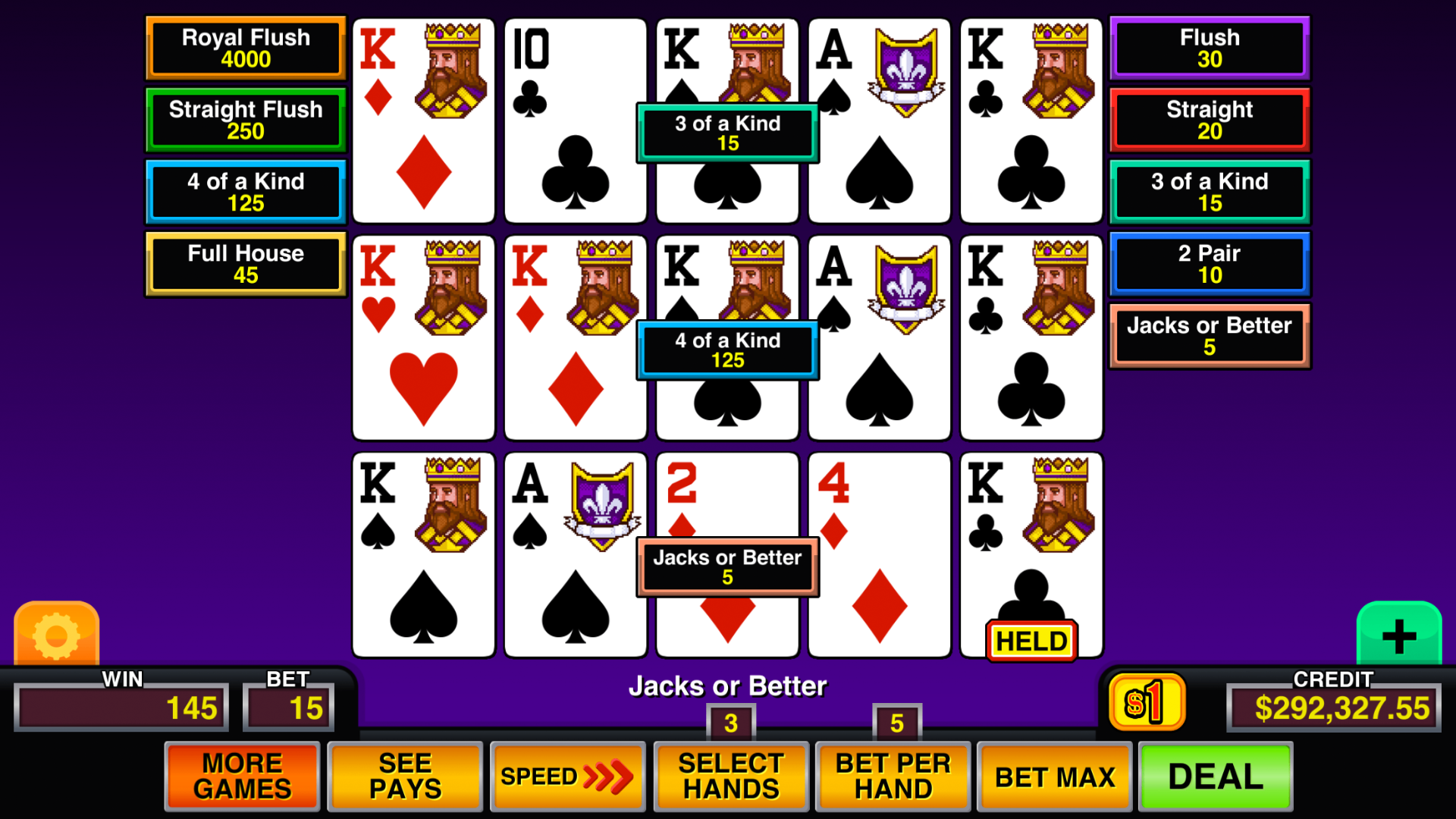 Video Poker Multi Pro™ mobile casino game - gameplay screenshot 8 showing in-app interface